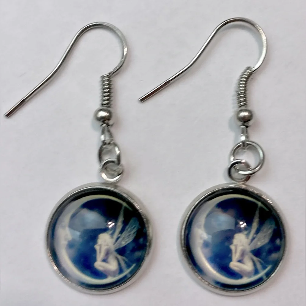 Women's pendant earrings , Earrings in the shape of the moon and angel